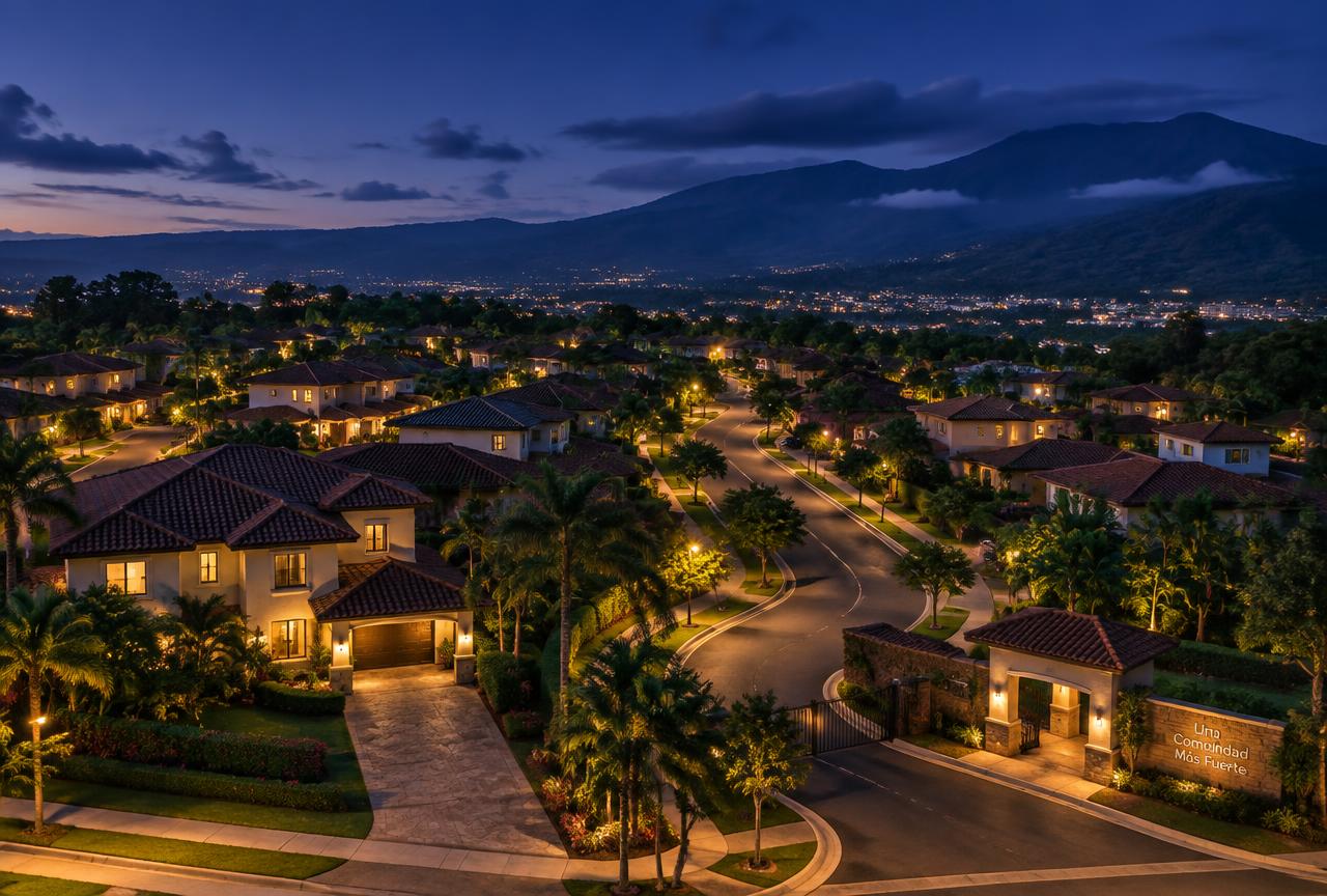 Vista aérea de una comunidad residencial iluminada al anochecer en Costa Rica