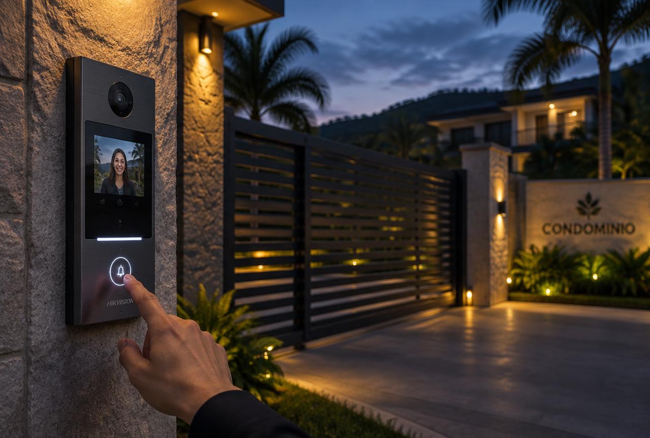 Panel de video portería en la entrada de un condominio al atardecer